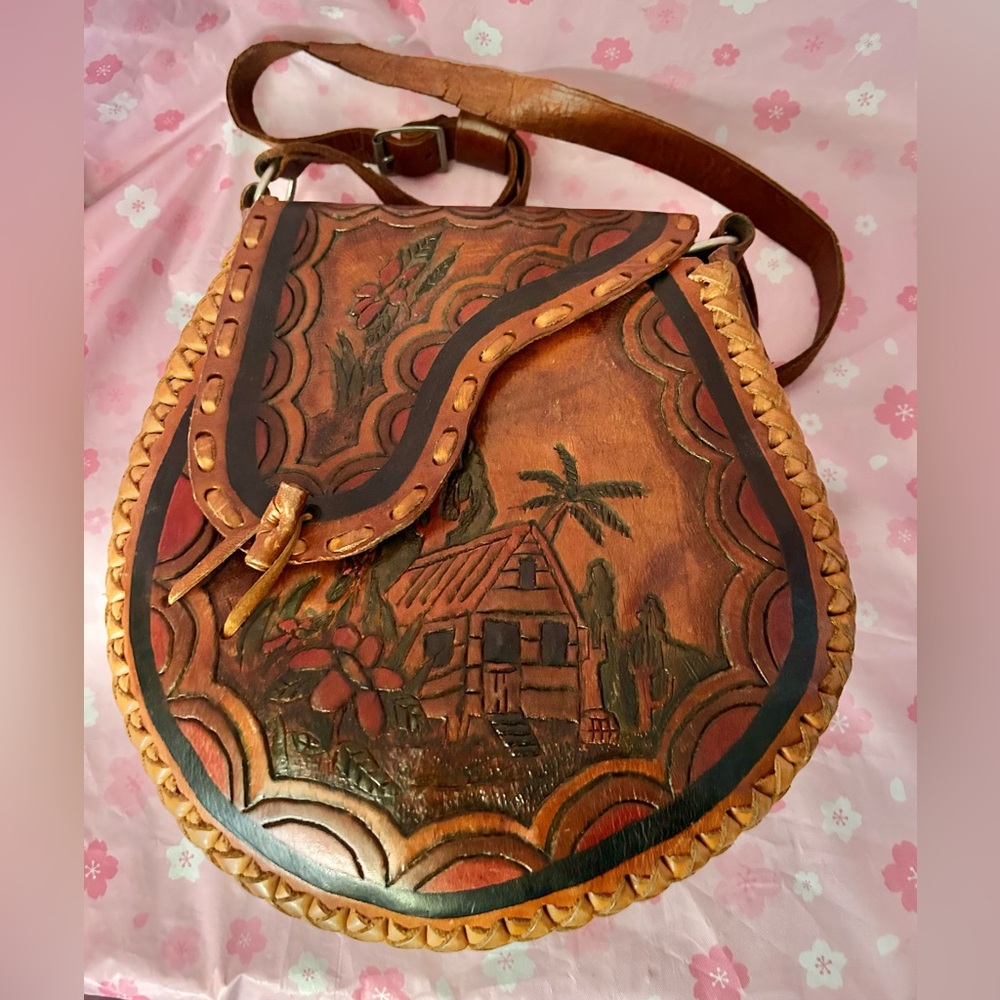 Vintage Embossed Tooled Leather Handbag Purse - Tropical Beach House HANDMADE